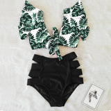 Ruffled Hem Bikini Set Women Flora V-Neck High-Waisted Two Piece Swimsuit 2023 Girl Beach Bathing Suit Swimwear
