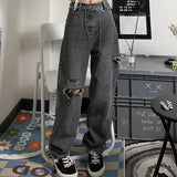 And Winter Women Bottoms Black Vintage Fashion High Waist Jeans Ripped Baggy Wide Leg Pants Street Straight Denim