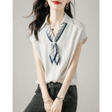 Summer New Color Removable Bow Tie French Commuting Shirt With Shoulder Short-Sleeved V-Neck Collar Collar Shirt