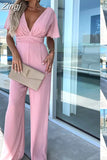 Jumpsuit Sexy Slim High Waist Short Sleeves Ruffle V-neck Pleated Wide Leg Overalls Women Jumpsuits One Piece