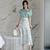 Women 2 Piece Suits 2020 Summer Sexy Blue Off Shoulder Shirt Tops + High Waist Print Long Party Beach Skirt