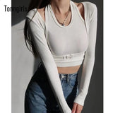 Vintage Khaki Women T Shirt Fashion Front Buckle Cropped T-shirt Slim Tops Y2k Sexy Long Sleeve Women Tee Tops
