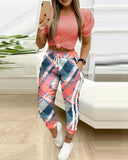 Fashion Women Fall Elegant Casual Print Top & Stripe Pocket Design Pants Sets Lady Pre-Fall Sexy Long Pants