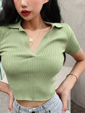 Top Female Polo Shirts Summer Short Sleeve T-shirt Women's Vintage Clothes Ribbed Solid Slim Knit Top Cropped