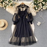 Zingj Industry Three-Dimensional Flower Net Gauze Temperament Standing Collar Lantern Sleeves High Waist Show Thin Sling Two Set Fairy