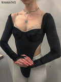 Patchwork Women Bodysuit Long Sleeve Square Collar Casual Sexy Bodycon Backless Streetwear Fitness Black Bodysuit