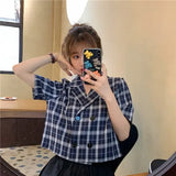 Shirts Women Plaid Crop Top Vintage Korean Style Sweet Notched Ins Fashion Slender Leisure Chic All-match Summer
