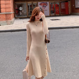 Zingj Winter, The New Korean Women's Wear In Solid Color Is Full Of Waist, Half-High Collar, Knitted Bottom Dress, Single-Breasted A-Shaped