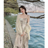 MAO Ins Harajuku Ink Landscape Painting Female Niche Design Temperament Long Skirt Suspender Dress Elegant Femme