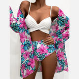 2024 New Bikini Gathering Sexy Mesh Three-Piece Set Of Split-Print Swimsuit
