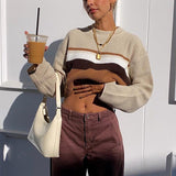 O Neck Long Sleeve Crop Top Knitted Sweater Women 2022 Autumn Brown 90s Vintage Pullover Loose Casual Jumper