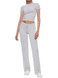 Short Sleeve Cropped Top Straight Leg Pants Set- Outfit