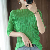 New Cotton T-shirt Women's Half Turtleneck Pleated Round Neck Knitted Short-sleeved Slim Fashion All-match Bottoming
