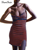 2021 Strapless Stripe Knitted Dresses Women Hollow Out Summer Sleeveless Sexy Bodycon Y2k Dress Mini Vintage