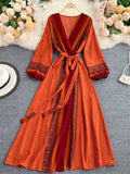Autumn Women Printed Long Dress Vintage Puff Sleeve High Waist A-Line Vestidos Female 2022 New Fashion Beach