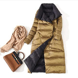 Women Double Sided Down Long Jacket Winter Turtleneck White Duck Down Coat Double Breasted Warm Parkas Snow