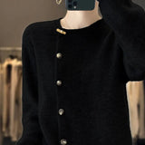 Zingj Collar Sweater Female 2024 Autumn Loose Simple Joker Bamboo Buckle Temperament Cardigan Long Sleeve Solid Color Sweater Female-Outfit