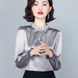 Spring 2025 New Pressure Pleated Wood Ear Shirt Female Satin Foreign Style Small Shirt Gentle Wind Bubble Sleeve