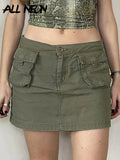 Y2K Grunge Streetwear Low Waist Army Green Denim Skirts Retro 90s Fashion Cargo Pockets Trim A-line Jean Skirt Zip