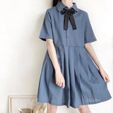 Women Bow-knot Pleated Lapel School Style Harajuku Large Size 2XL Cute Girls Newest Midi Dresses Daily Soft Popular