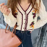 Women Embroidery Vintage Leisure V-neck Design Student Fashion Harakuju Kawaii Popular Retro Tops Korean Style