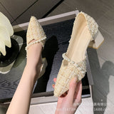 Zingj Small Fragrant Wind Thick Heel Single Shoes Women 2023 Evening Wind Pointed Hollow Single Shoes Elegant Temperament Shallow High Heels-Outfit
