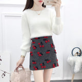 Women Two Piece Set New Fashion Fall Winter Yellow Mohair Lanter Sleeve Pullover And Woolen Embroidery Mini Skirt