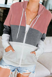 Sleeve Color Hooded Sweatshirt Women's Cotton Blend Zipper Pocket Cardigan