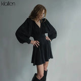 Fashion Black Chiffon Printing Elegant Loose Mini Dress New Women Lantern Full Sleeve Pleated Slim Party Night