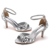 Cm Fish Mouth High Heel Sandals Shallow Mouth With Large-Size Round-Head High Heels Golden Water Drill Fine