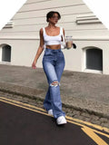 Broken Hole Slim Horn Jeans Woman-Outfit