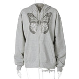 Y2K Fashion Oversized Butterfly Graphic Rhinestone Zip Up Hoodies E-girl 90s Streetwear Diamond Grey Long Jacket