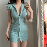 New V Neck Sexy Short Sleeve Spring Slim T Shirt Knitting Mini Party Bodycon Elegant Dress Dresses Vintage