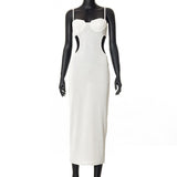 Elegant 2022 Summer Woman Solid White Sleeveless Bodycon Mid-calf Dress Streetwear Hollow Out Ladies Evening Party
