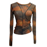 Sunset Sun Dyed Elastic Mesh Yarn T-Shirt Stacked With Long-Sleeved Top Press Line T-Shirt