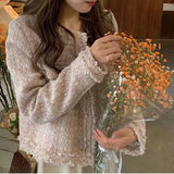 New Fashion Korean Chic Vintage Tweed Woolen Jacket Coat Women Autumn Single Breasted Plaid Tassel Office Lady