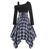 Women Polka Audrey Dress Halter Retro Cocktail Dresses Plaid Cold Shoulder Lace Up Empire Waist Female