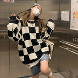 Winter Sweater Women Korean Fashion Plaid O-Neck Pullovers Streetwear Oversized Sweate Jumper Warm Long Sleeve
