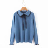 Lace-up Doll Collar Long-sleeved Sweater Female Long-sleeved Fashion Flower Edge Stitching Knitted Sweater Pullover
