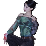 2024 Autumn New Mesh Printing Shoulder Cover Long-Sleeved Casual Women's