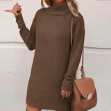 Women Straight Knitted Dresses Fashion Autumn Winter Loose Party Sweater Dresses Chic Long Sleeve High Collar Mini