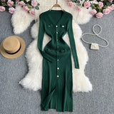 Zingj Button Long Sleeve Dress Autumn And Winter New V Collar Fashion Slim Slit Wrapped Hip Step