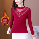 Photo # Autumn / Winter Long Sleeve And Velvet Top Women's High-End T-Shirt With A Versatile Lace Bottom