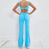 Hollow Backless Scrunch Gym Flare Jumpsuit Sport Casual Women One Piece Outfits Yoga Dance Jump Suit Black Fitness