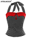 60s Halter Top Retro Woman Polka Dot Vintage Halterneck Slim Fit Button Shirt Cropped Shirts Pinup
