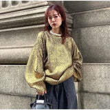 Neck Metallic Shinny Pullover For Women Vintage Loose Long Sleeve Warm Sweater 2023 Autumn Female Fashion Street