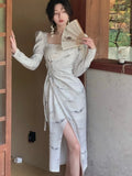 New Women Elegant Retro Midi Dress Long Sleeve Party Vestidos One Piece Drawstring Spring Clothes