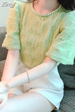 Elegant Beading Lace Blouse Puff Short Sleeve Women Korean Shirts O-neck Sweet Pleated New Casual Loose Tops Blusas
