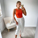 Women Solid Split Summer Midi Skirt New Vintage Chic With Knot Wrap High Waist Front Slit Female