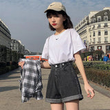 New Summer Women High Waist Button Wigh Leg Jeans Shorts Casual Female Loose Fit Blue Denim